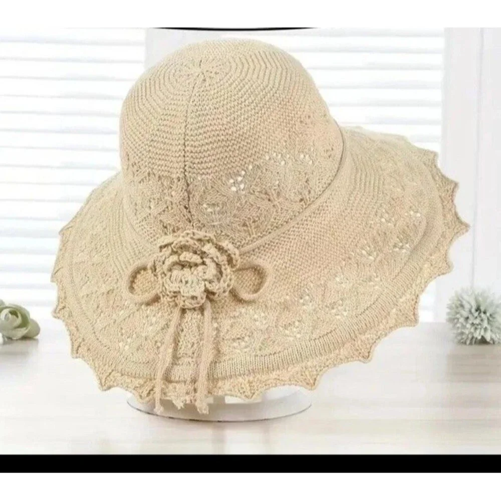 Vintage Grank Beige Sz L Lace Woven Summer Sun Hat Women's Floppy Beach Accessor